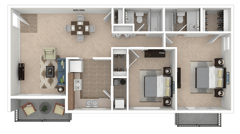 Floor plan for 2 beds, 2 baths, 950 sqft